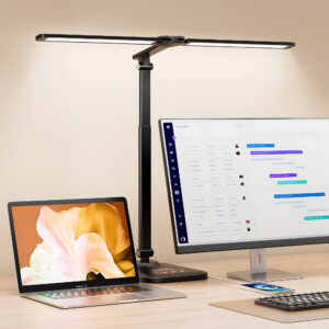 CHARYJOD Double Head Desk Lamp LED Dimmable, Stretchable LED Desk Lamp, Desk Lamp has 5 Color Temperatures and 10 Brightness Levels, USB Charging Port [Energy Class F]